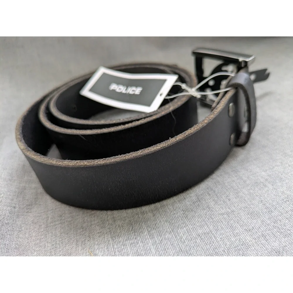 Police Genuine Black Leather Belt Silver Buckle Unisex‎ 35-39 Inch NEW